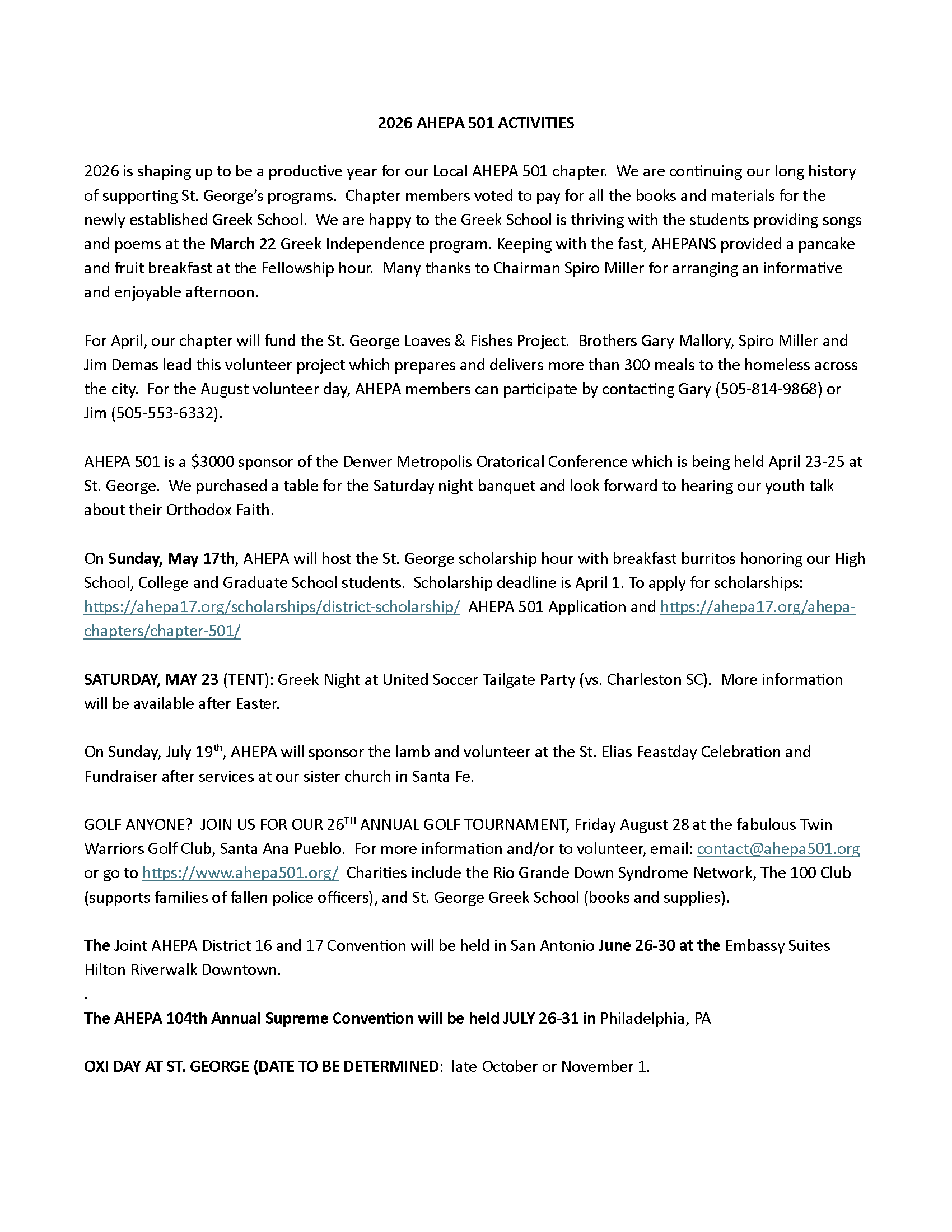 AHEPA 501 ACTIVITIES